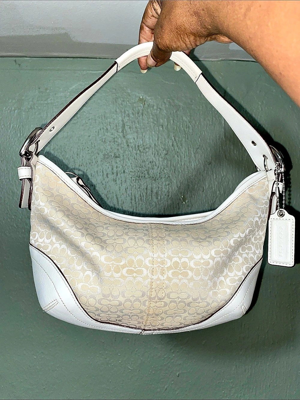 Coach Soho Mini Signature Hobo Leather White & Beige